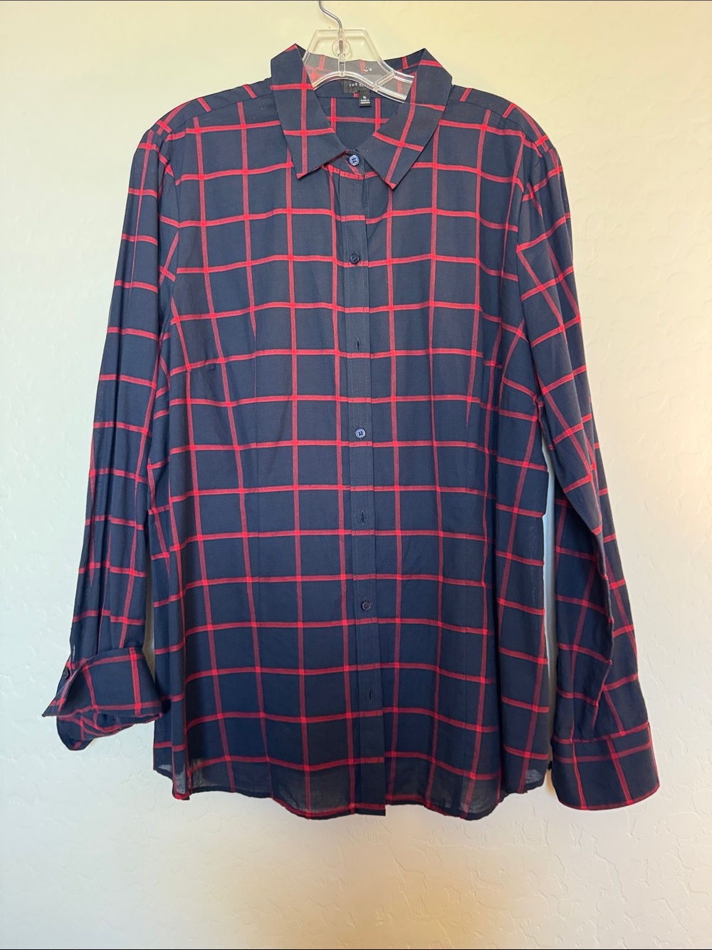 The Limited Navy Blue & Red Windowpane Plaid Button-Down Blouse